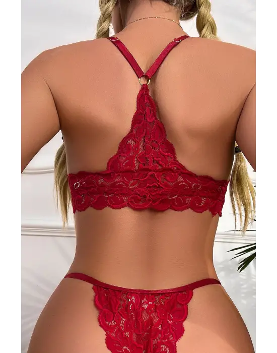 Omarı Dantel ve İp Detaylı Kadın Bordo Sütyen Külot Takımı