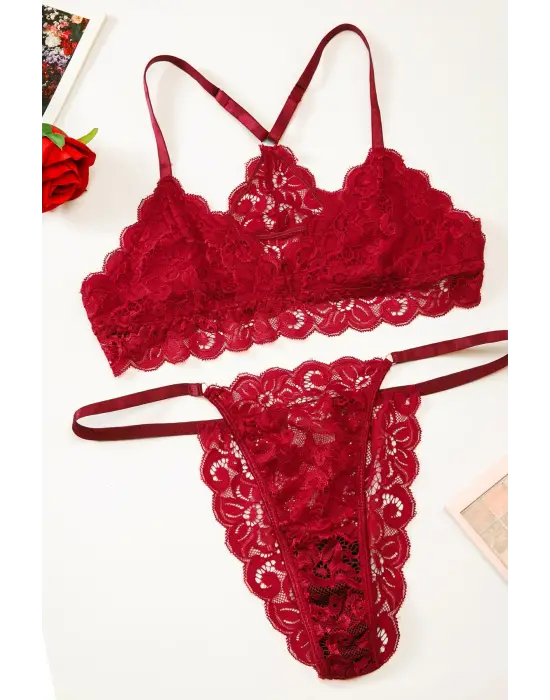 Omarı Dantel ve İp Detaylı Kadın Bordo Sütyen Külot Takımı