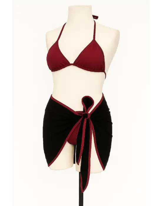 Omarı Bordo Siyah Yandan ve Boyundan Bağlamalı Bikini Takımı