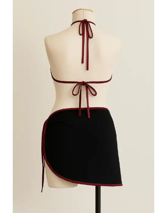 Omarı Bordo Siyah Yandan ve Boyundan Bağlamalı Bikini Takımı