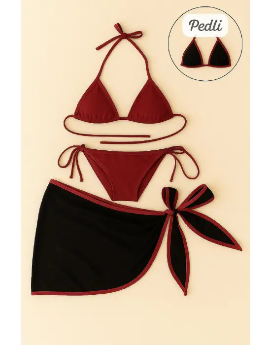 Omarı Bordo Siyah Yandan ve Boyundan Bağlamalı Bikini Takımı