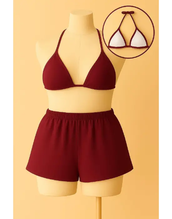 Omarı Bordo Renkli Bağlamalı Bikini Takımı