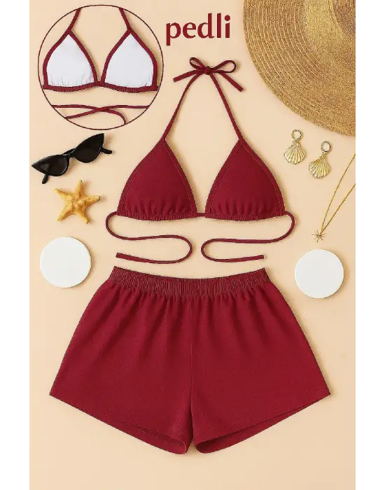 Omarı Bordo Renkli Bağlamalı Bikini Takımı