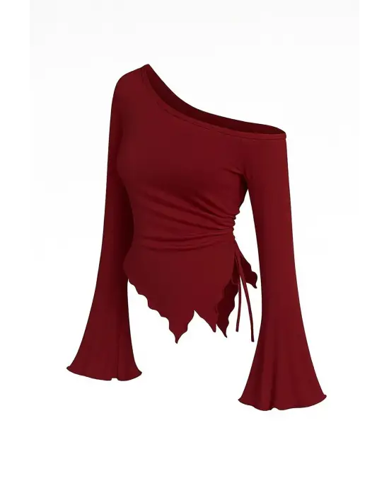 Kadın Bordo Uzun İspanyol Kollu Asimetirik Yaka Yandan Bağlamalı Drapeli Bluz