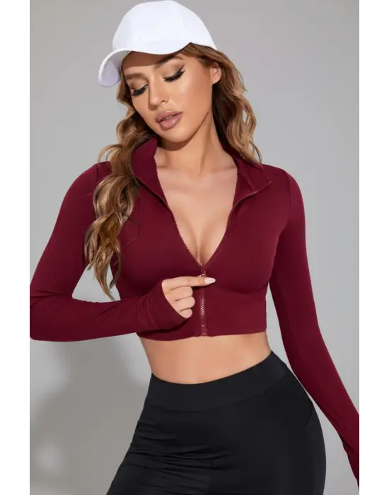 Kadın Bordo Uzun Kol Fermuarlı Parmak Geçme Detaylı Dik Yaka Crop Top Bluz