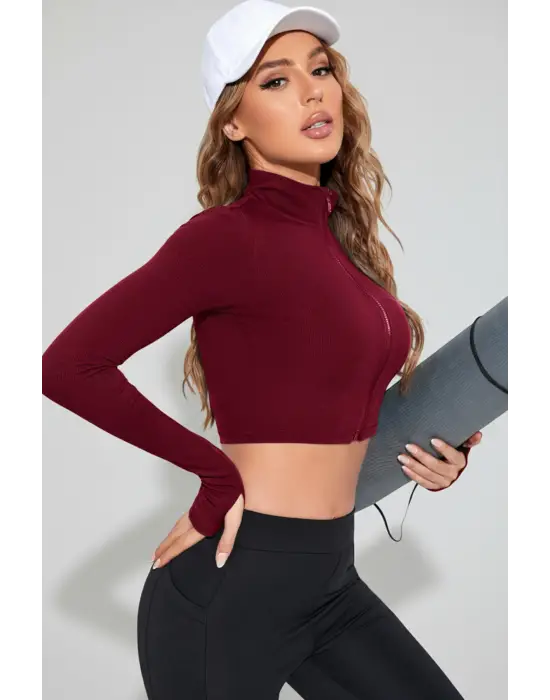 Kadın Bordo Uzun Kol Fermuarlı Parmak Geçme Detaylı Dik Yaka Crop Top Bluz