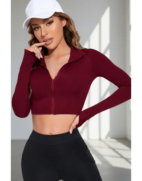 Kadın Bordo Uzun Kol Fermuarlı Parmak Geçme Detaylı Dik Yaka Crop Top Bluz