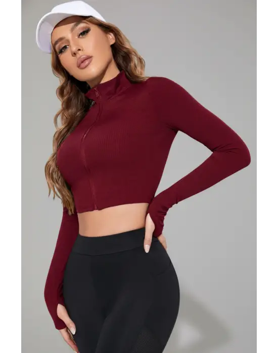 Kadın Bordo Uzun Kol Fermuarlı Parmak Geçme Detaylı Dik Yaka Crop Top Bluz