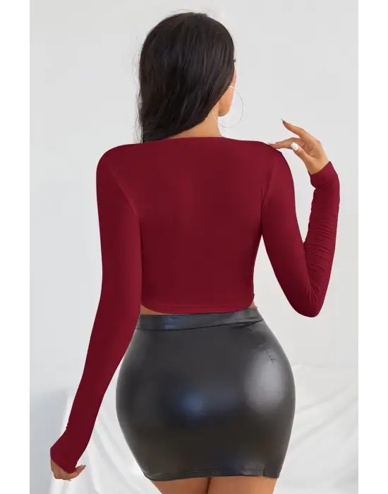 Omarı Bordo Uzun Kol Crop Top Bluz