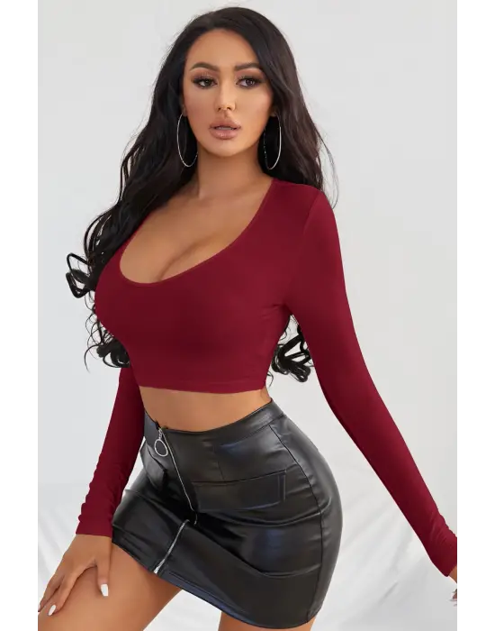 Omarı Bordo Uzun Kol Crop Top Bluz
