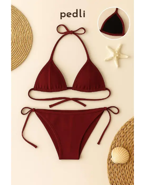 Omarı Bordo Yandan Bağlamalı Bikini Mayo Takımı