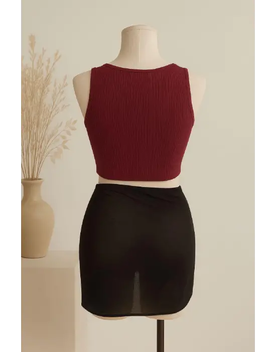 Omarı Kadın Bordo Yuvarlak Yaka Crop ve Siyah Pareo Set