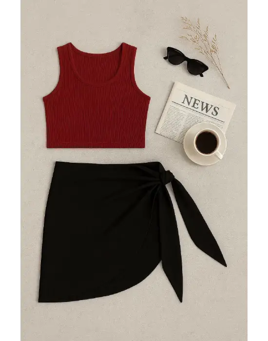 Omarı Kadın Bordo Yuvarlak Yaka Crop ve Siyah Pareo Set