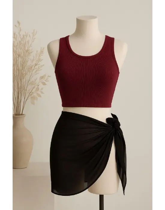 Omarı Kadın Bordo Yuvarlak Yaka Crop ve Siyah Pareo Set