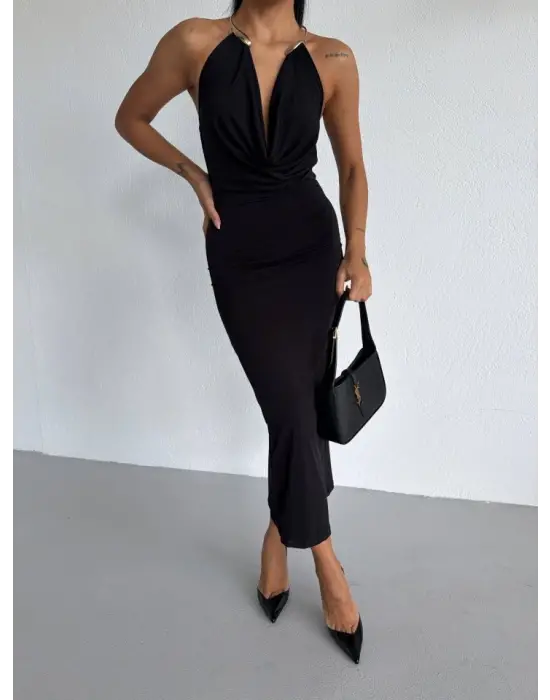 Kadın Boyun Aksesuarlı Halter Yaka Maxi Boy Sandy Kumaş Elbise