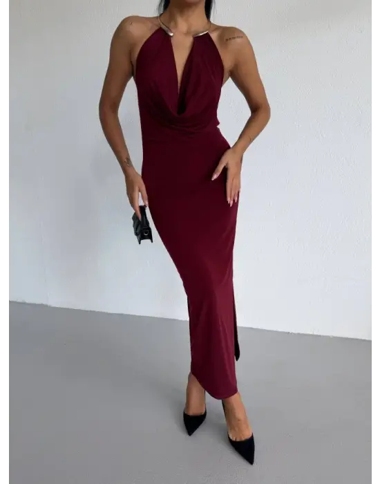 Kadın Boyun Aksesuarlı Halter Yaka Maxi Boy Sandy Kumaş Elbise