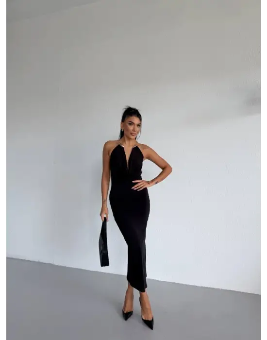 Kadın Boyun Aksesuarlı Halter Yaka Maxi Boy Sandy Kumaş Elbise