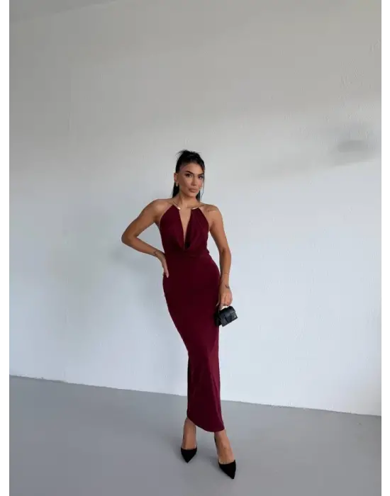 Kadın Boyun Aksesuarlı Halter Yaka Maxi Boy Sandy Kumaş Elbise