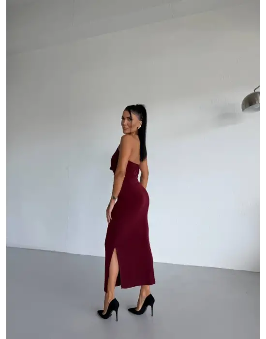 Kadın Boyun Aksesuarlı Halter Yaka Maxi Boy Sandy Kumaş Elbise