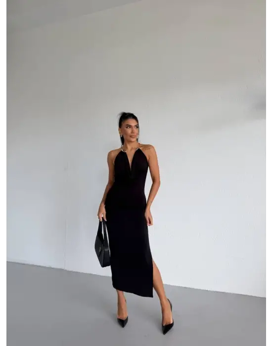 Kadın Boyun Aksesuarlı Halter Yaka Maxi Boy Sandy Kumaş Elbise