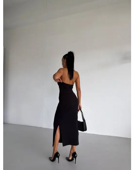 Kadın Boyun Aksesuarlı Halter Yaka Maxi Boy Sandy Kumaş Elbise