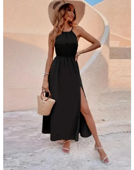 Kadın Boyundan Askılı Belden Lastikli Yandan Yırtmaç Detaylı Viskon Elbise