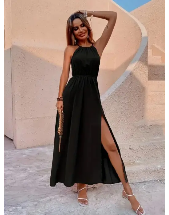 Kadın Boyundan Askılı Belden Lastikli Yandan Yırtmaç Detaylı Viskon Elbise