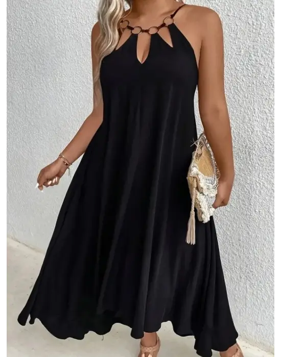 Kadın Boyundan Askılı Damla Detaylı Halkalı Asimetrik Kesim Viskon Elbise