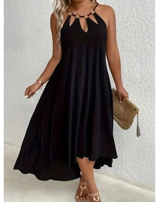 Kadın Boyundan Askılı Damla Detaylı Halkalı Asimetrik Kesim Viskon Elbise