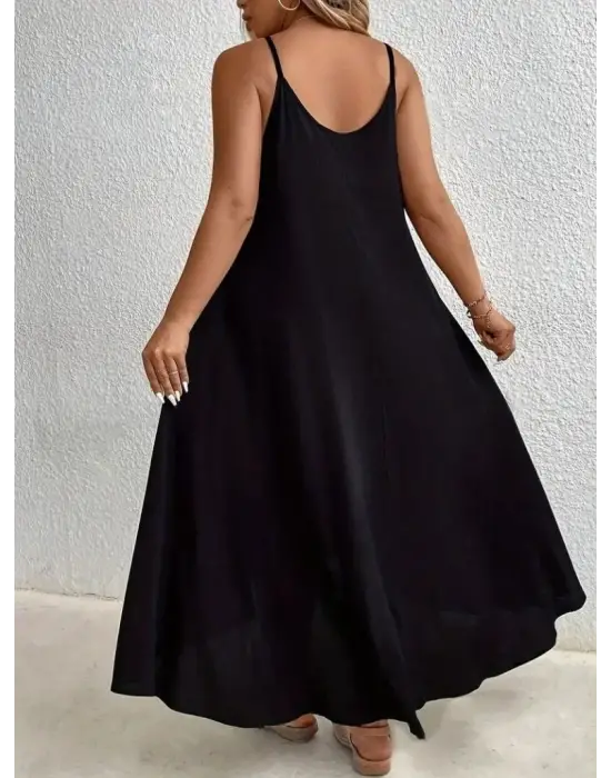 Kadın Boyundan Askılı Damla Detaylı Halkalı Asimetrik Kesim Viskon Elbise