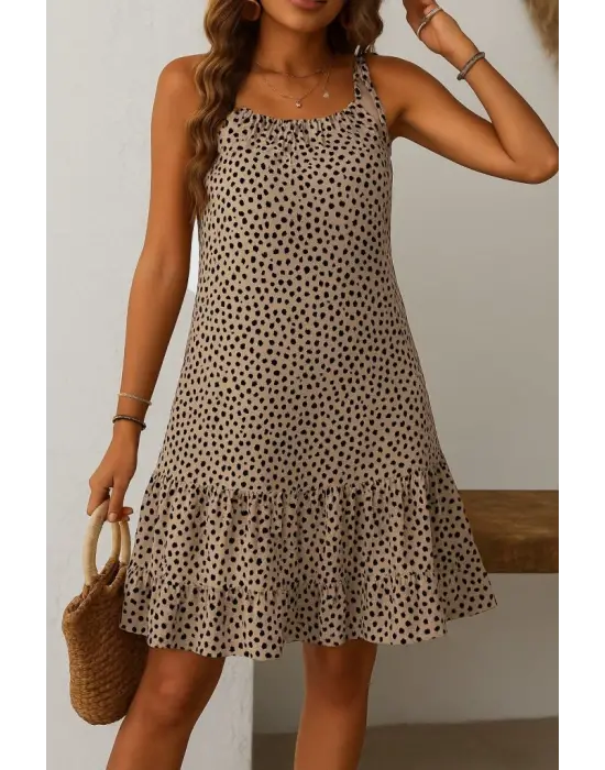 Kadın Boyundan Askılı Desenli Fırfırlı Süprem Elbise