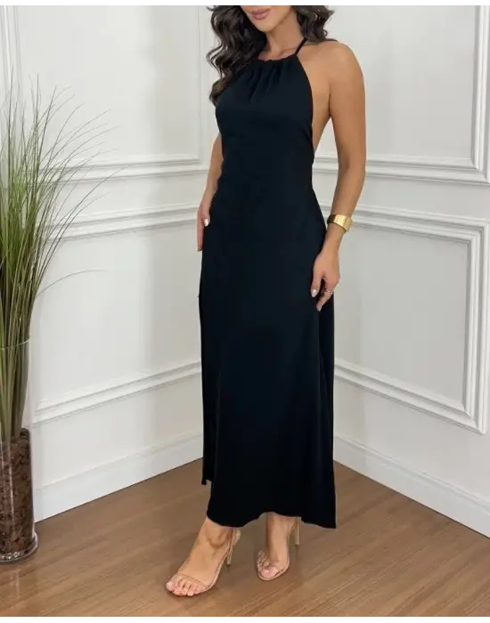 Omarı Rahat Kesim Halter Kollu Viskon Elbise