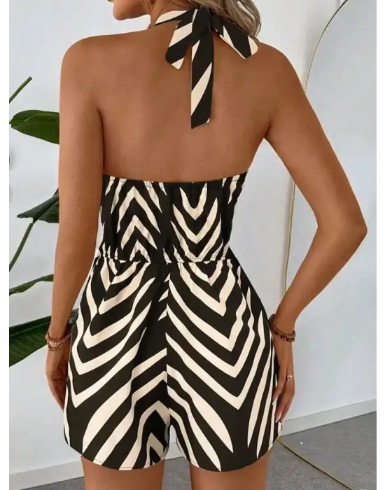 Omarı Desenli Boyundan Askılı Halter Yakalı Süprem Tulum