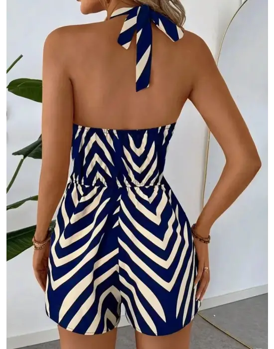 Omarı Desenli Süprem Halter Yakalı Kadın Tulum