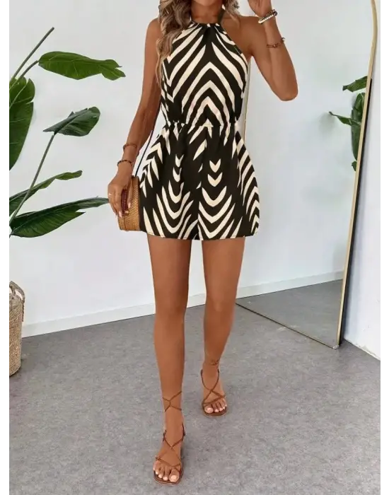 Omarı Desenli Boyundan Askılı Halter Yakalı Süprem Tulum