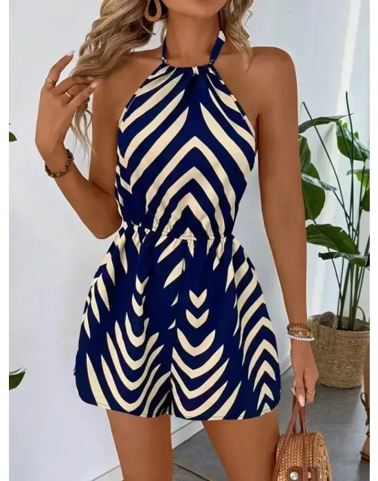 Omarı Desenli Süprem Halter Yakalı Kadın Tulum