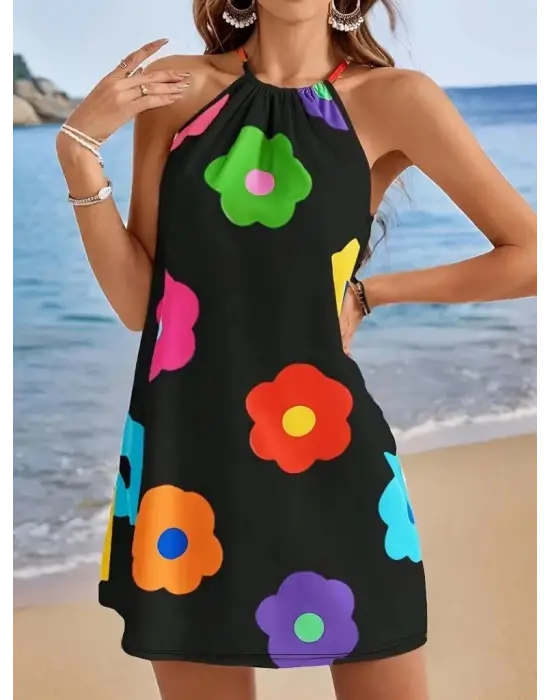 Kadın Boyundan Askılı Kolsuz çiçek Desenli Süprem Elbise