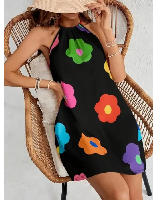 Kadın Boyundan Askılı Kolsuz çiçek Desenli Süprem Elbise