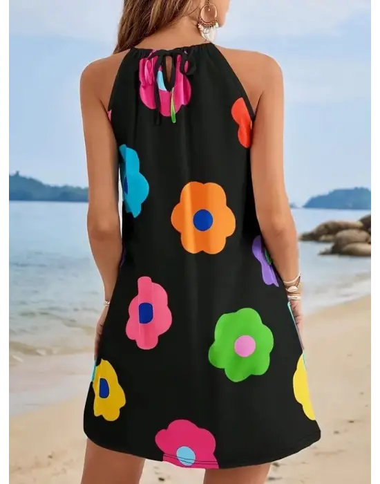 Kadın Boyundan Askılı Kolsuz çiçek Desenli Süprem Elbise