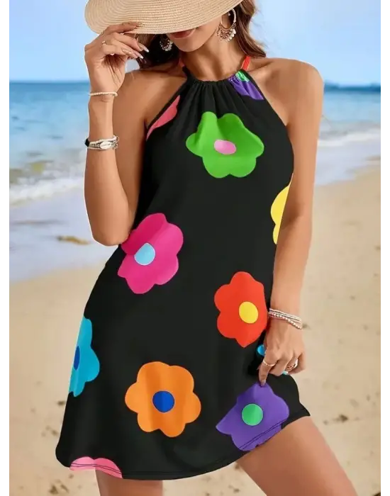 Kadın Boyundan Askılı Kolsuz çiçek Desenli Süprem Elbise