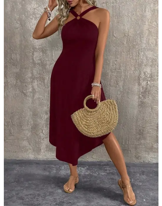 Omarı Asimetrik Kesim Halka Detaylı Elbise