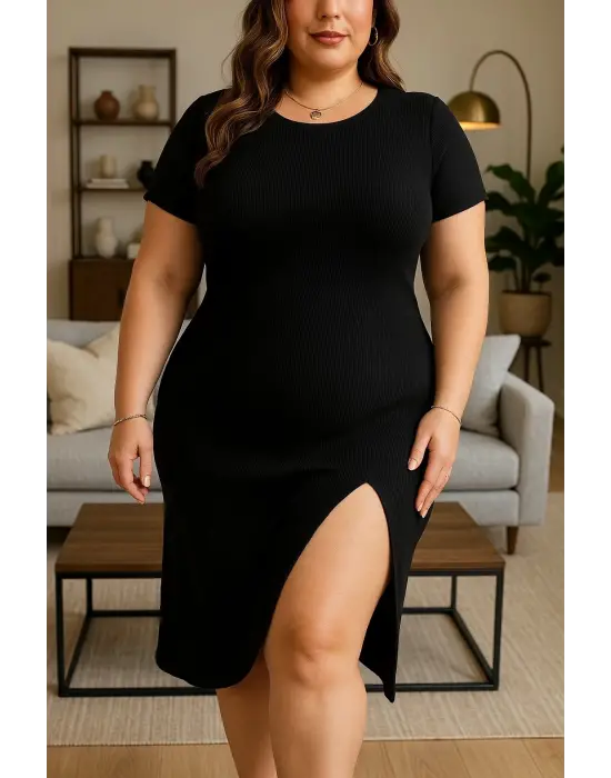 Omarı Büyük Beden Viskon Elbise Yan Yırtmaçlı Bisiklet Yaka