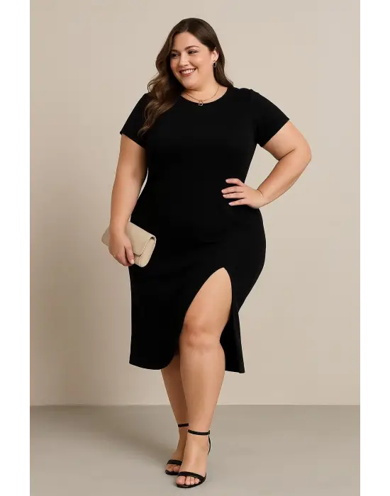 Omarı Büyük Beden Viskon Elbise Yan Yırtmaçlı Bisiklet Yaka