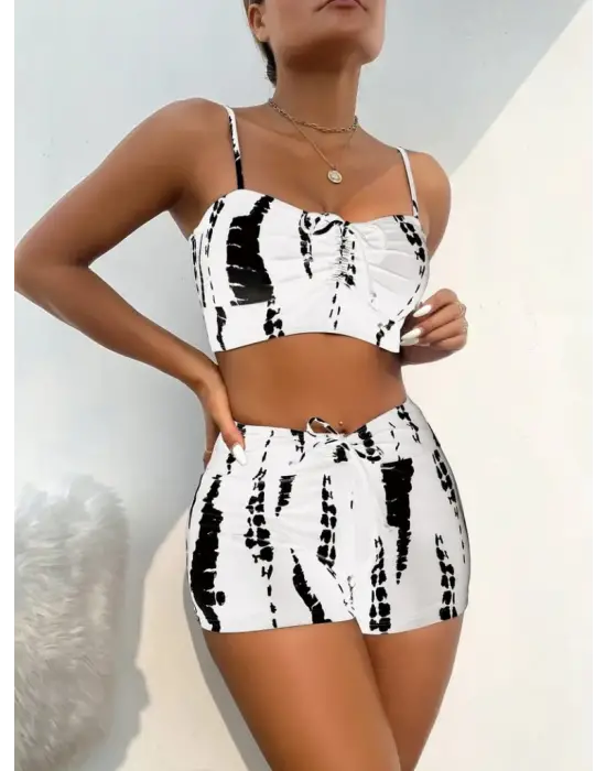 Kadın Büzgü Detay Askılı Crop Mini Tayt Ikili Takım