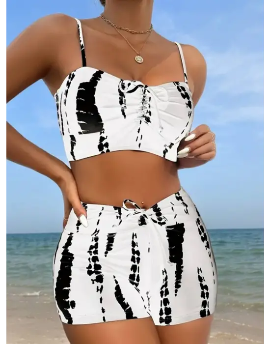 Kadın Büzgü Detay Askılı Crop Mini Tayt Ikili Takım