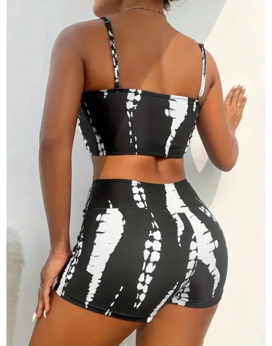 Kadın Büzgü Detay Askılı Cupsuz Crop Mini Tayt Ikili Takım