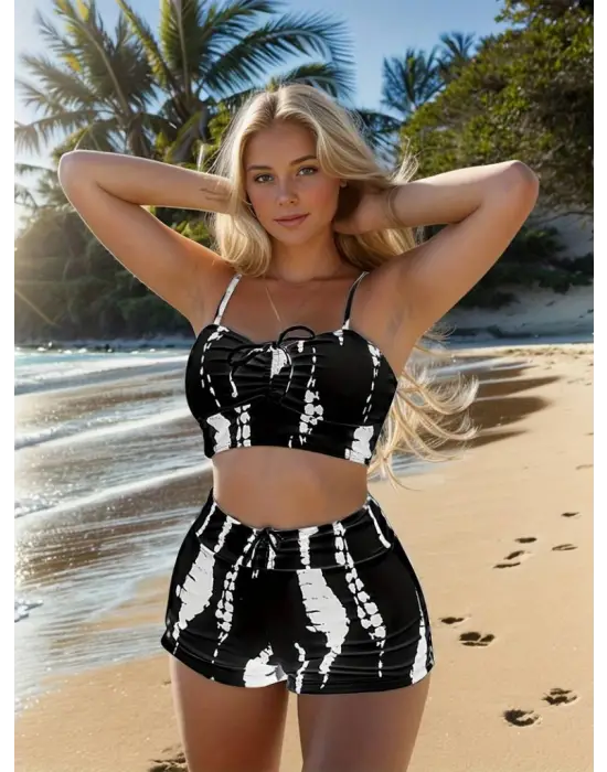 Kadın Büzgü Detay Askılı Cupsuz Crop Mini Tayt Ikili Takım