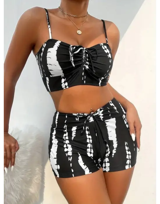 Kadın Büzgü Detay Askılı Cupsuz Crop Mini Tayt Ikili Takım