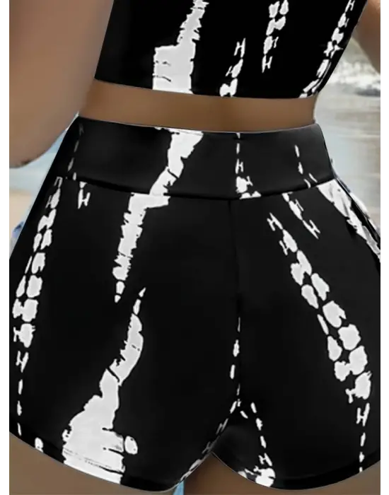 Kadın Büzgü Detay Askılı Cupsuz Crop Mini Tayt Ikili Takım