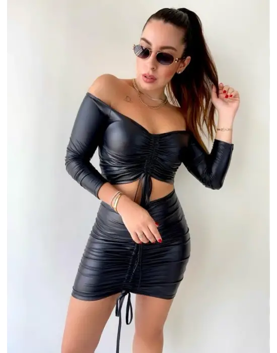 Kadın Büzgülü Deri Etek Takım Fırsat Ürün